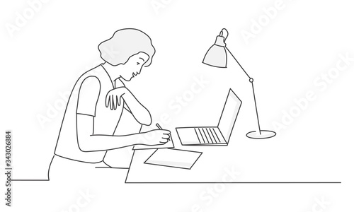 Woman sitting at desk and writs. Contour drawing vector illust © Anna