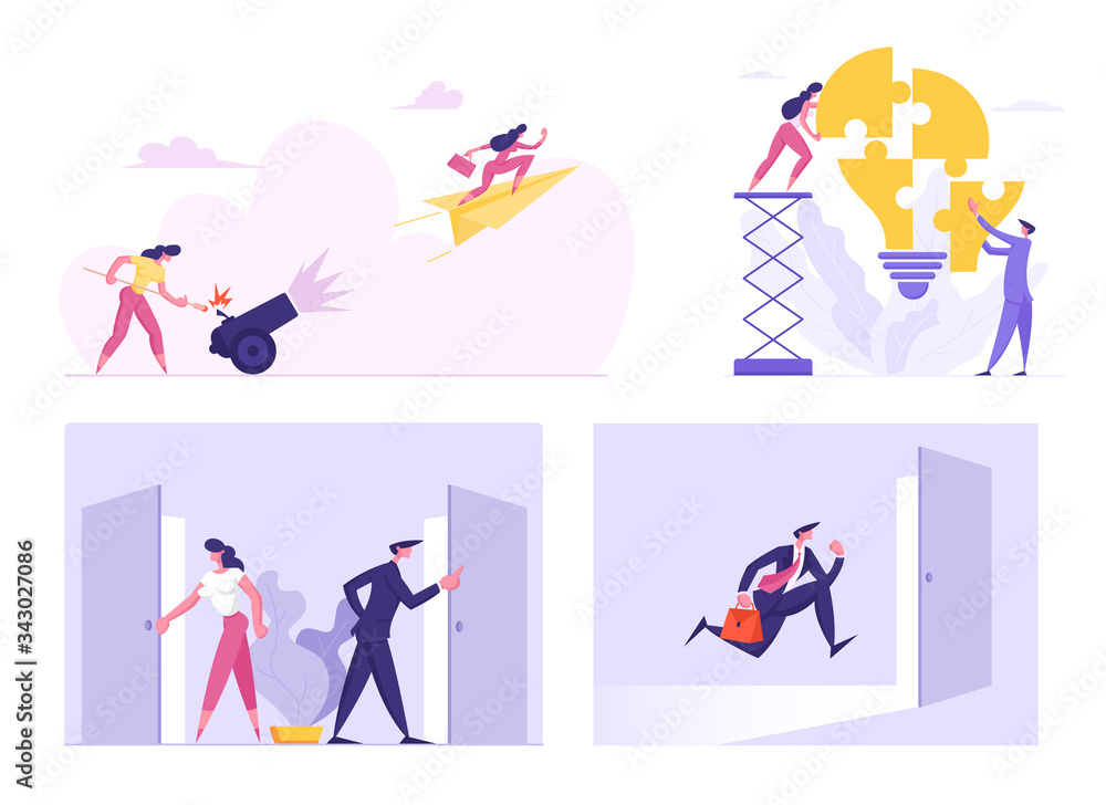 Set of Businessmen and Businesswomen Characters Set Up Puzzle Light Bulb, Enter Open Door, Shooting with Cannon. Clerks Office Lifestyle, New Opportunities, Path. Cartoon People Vector Illustration