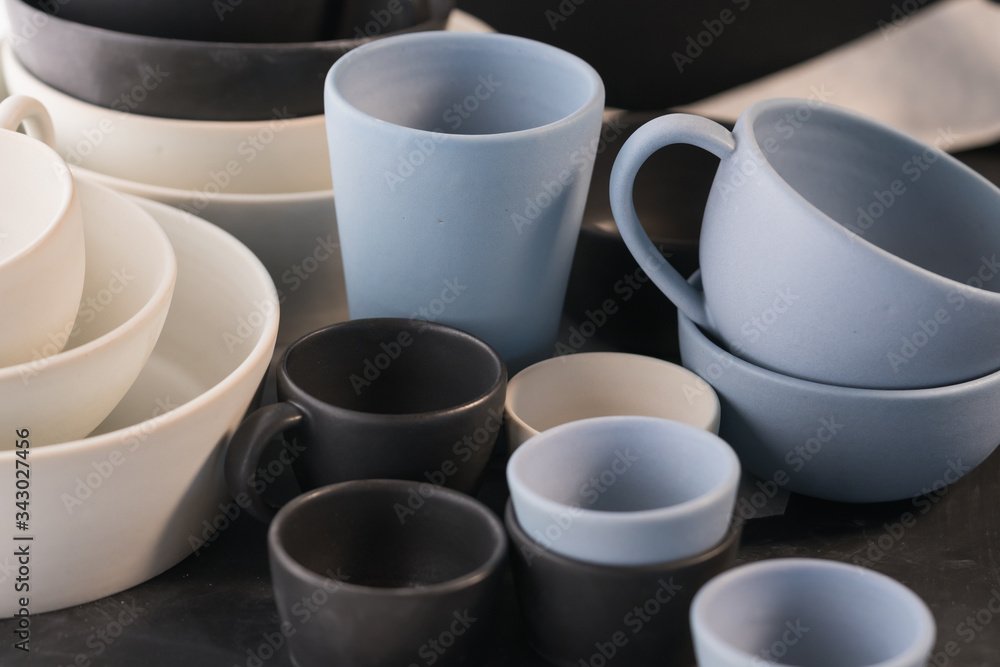 Matt ceramic handmade tableware in a workshop closeup Matt ceramic handmade tableware in a workshop closeup