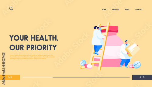 Pharmacy, Drugstore Worker with Remedy Production Box Landing Page Template. Tiny Pharmacist Characters Climbing on Huge Medicine Bottle with Drug Pills and Tablets. Cartoon People Vector Illustration