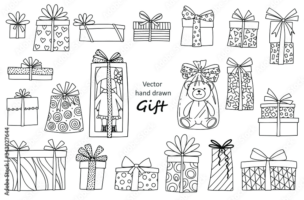 Set on the theme of gifts: gift boxes, doll, Teddy bear. Vector linear illustration for printing, coloring, and other design elements. Set on the theme of gifts: gift boxes, doll, Teddy bear. Vector linear illustration for printing, coloring, and other design elements.