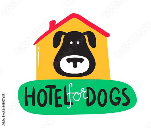 Hotel for Dogs Banner, Hospitality Service for Pets Concept. Cute Black Puppy Look Out of Booth and Creative Typography. Animals Daycare Poster Simple Design. Cartoon Vector Illustration, Icon, Label