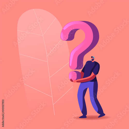 Character Holding Huge Question Mark Solving Problem or Room Escape Conundrum, Enigma. Searching Solution and Information. Tips, Decision, Doubts and Confusion Concept. Cartoon Vector Illustration