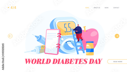 National Diabetes Day, Patient Treatment, Check Up Landing Page Template. Male Character Stand on Ladder at Huge Glucose Blood Meter with Apple, Medicine Bottle, Syringe. Cartoon Vector Illustration