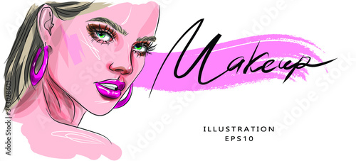 Gorgeous girl, woman's face with beautiful makeup and lips hand drawn vector illustration. Stylish graphic portrait of a beautiful young model girl. Fashion, style, beauty. Graphics, sketch drawing