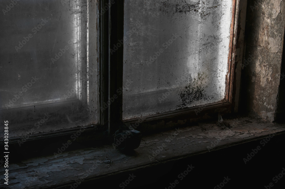 dark gloomy place. abandoned hotel building. old broken windows. horror interior dark gloomy place. abandoned hotel building. old broken windows. horror interior