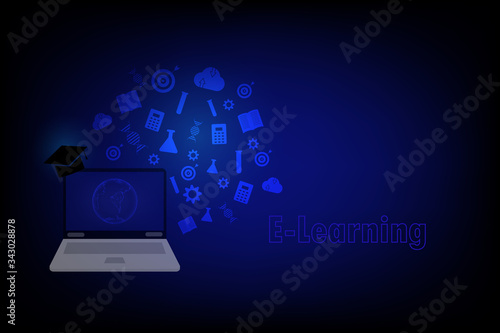 E-learning concept. Laptop with transparent earth and white education icon on blue technology background.