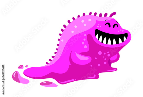 Friendly Toothy Slug Monster, Alien with Pink Slime Body Isolated on White Background. Fantasy Beast, Funny Creature, Germ or Joyful Cute Smiling Worm. Cartoon Vector Illustration, Icon, Clip Art