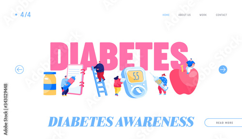 Diabetes Sickness Landing Page Template. Tiny People Characters with Checking Equipment for Treatment High Sugar Level in Blood. Glucose Testing Meter, Insulin Control. Cartoon Vector Illustration