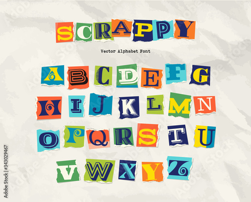 Letters cut and torn from magazine on wrinkled paper background. Design elements for creative typography, scrapbooking, cards and posters.  Vector Illustration.