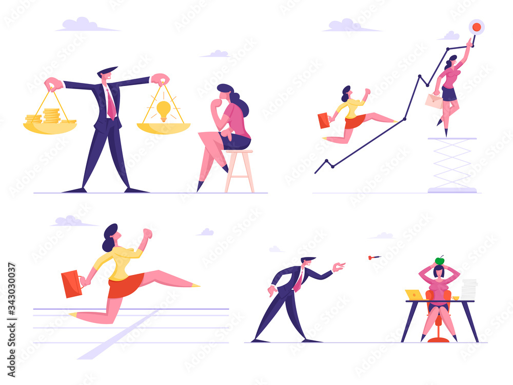 Set of Businessmen and Businesswomen Characters Climbing Growing Arrow Chart, Choose between Money and Idea Bulb on Scales, Racing on Stadium Bullying in Office. Cartoon People Vector Illustration