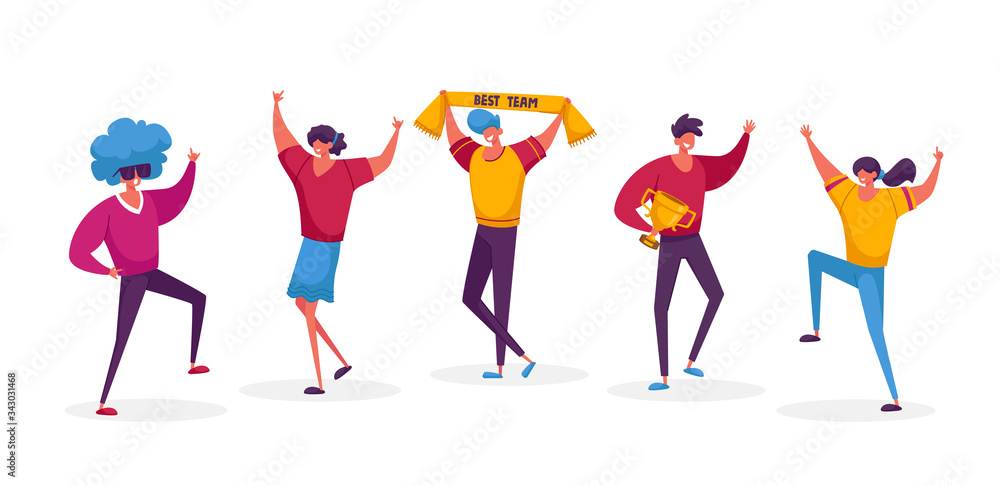 Φωτογραφία Successful Business Team Male and Female Characters Stand in Row Posing with Winners Trophies Celebrating Victory Successful Project