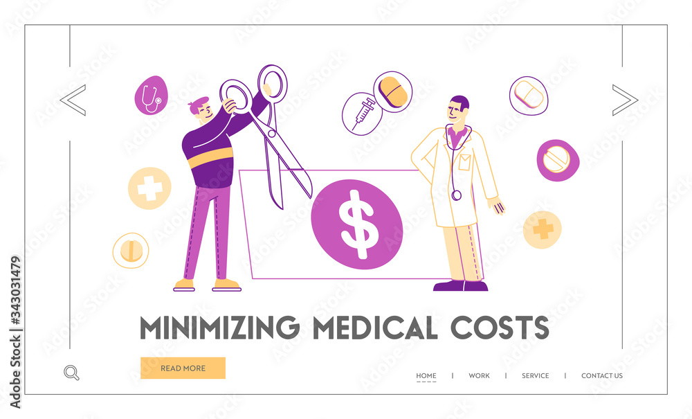 Medical Price, Medicine Services and Health Care Cost and Expenses Landing Page Template. Male Patient Character Cut Huge Dollar Bill near Doctor in White Robe. Linear People Vector Illustration
