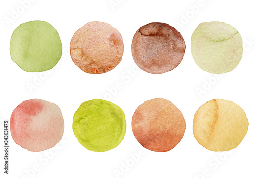 Brown and mustard watercolor circles set. Hand painted Spots on white background. Round. Isolated. Blobs of different colors