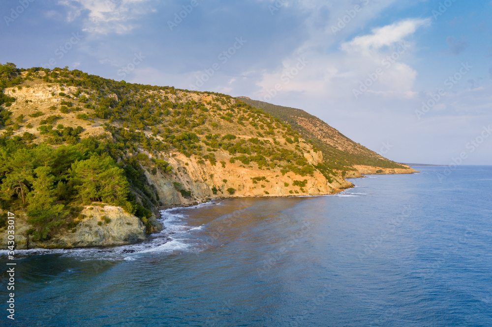 Wonderful landscape with сozy bays with crystal clear waters of the Mediterranean Sea. Near Akamas Peninsula National Park, Cyprus.