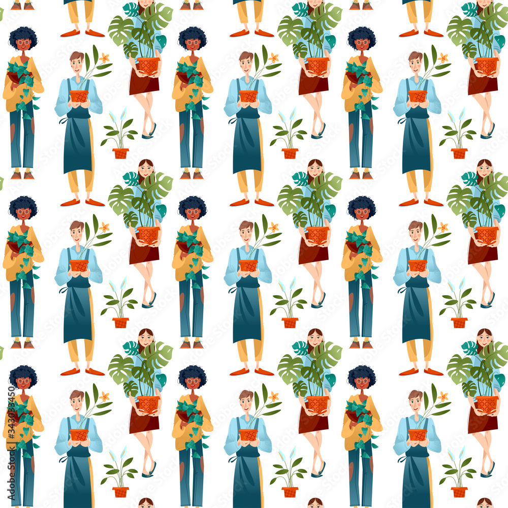 Young man and two women hold potted house plants. Seamless background pattern.