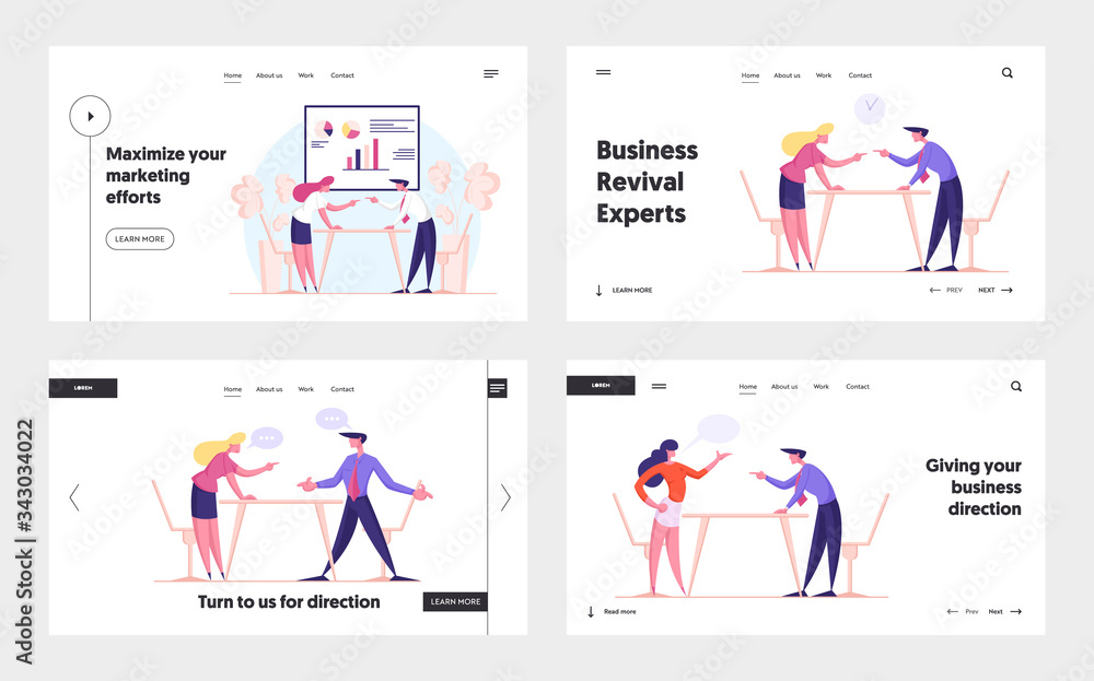 Fight for Leadership, Work Conflict Between Colleagues or Worker Employees Landing Page Template Set. Business Man and Woman Characters Opponents Arguing in Office. Cartoon People Vector Illustration