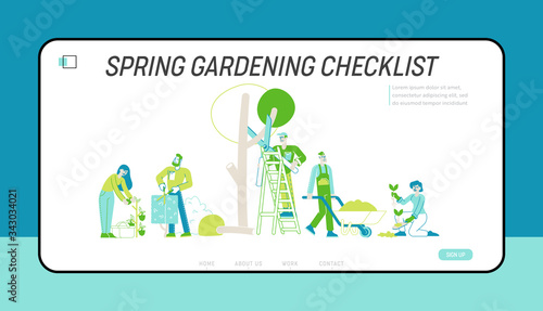 Farmers, Gardeners Planting, Trimming and Caring of Trees and Plants Landing Page Template. Characters Work in Garden Harvesting, Digging, Care of Flowers Gardening. Linear People Vector Illustration