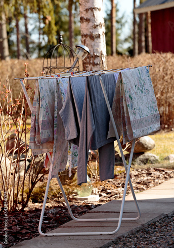 Vászonkép Freshly washed laundry is drying outdoors in springlike weather