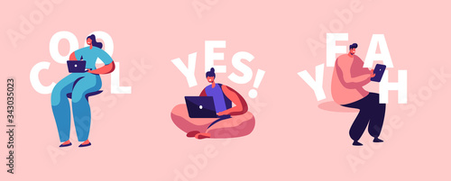 Freelance Self-employed Occupation Set. Relaxed Man and Women Freelancer Characters Working Distant on Laptop and Pc from Home Isolation. Remote Workplace, Lockdown. Cartoon Vector People Illustration