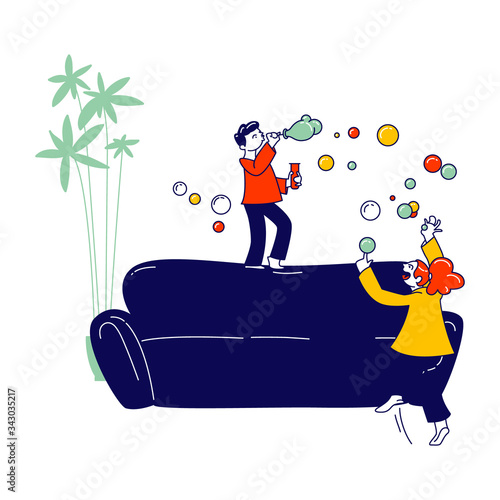 Kids Fooling Game. Naughty Hyperactive Children Characters Playing at Home, Little Girl and Boy Blow Soap Bubbles and Jumping on Sofa Making Mess in Room, Fun. Linear People Vector Illustration