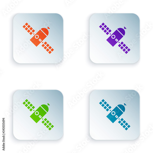 Color Satellite icon isolated on white background. Set colorful icons in square buttons. Vector Illustration