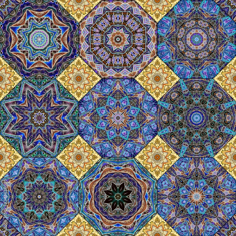 Marvelous pattern of octagonal tiles with mandalas and small quadrangular tiles with lotus flowers. Seamless print for fabric or wallpaper in ethnic style.