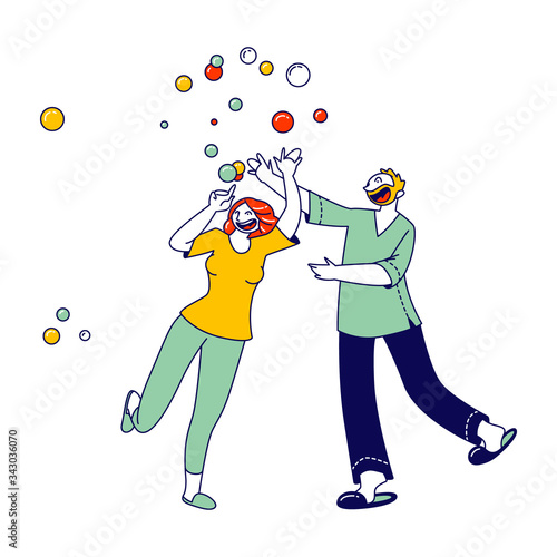Happy Male and Female Characters Blow Soap Bubbles Playing, Fooling and Having Fun Together. Married Couple Recreation, Party, Funny People. or Quarantine Spare Time. Linear Vector Illustration