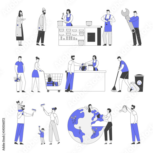 Set of Male and Female Characters Feeding Homeless People in Shelter, Handyman Service, Queue in Supermarket. Happy Family Painting Walls in New Home, Care of Earth Planet. Linear Vector Illustration