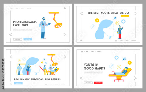 Rhinoplasty Correction Procedure, Landing Page Template Set. Plastic Surgeon Characters Correcting Form of Nose, Put Dotted Line on Skin. Surgical Nasal Improvement. Linear People Vector Illustration