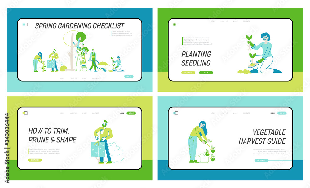 Farmers, Trimming, Caring of Trees and Plants Landing Page Template Set. Gardeners Characters Planting Work in Garden Harvesting, Digging, Care of Flowers Gardening. Linear People Vector Illustration