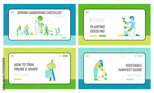Farmers, Trimming, Caring of Trees and Plants Landing Page Template Set. Gardeners Characters Planting Work in Garden Harvesting, Digging, Care of Flowers Gardening. Linear People Vector Illustration