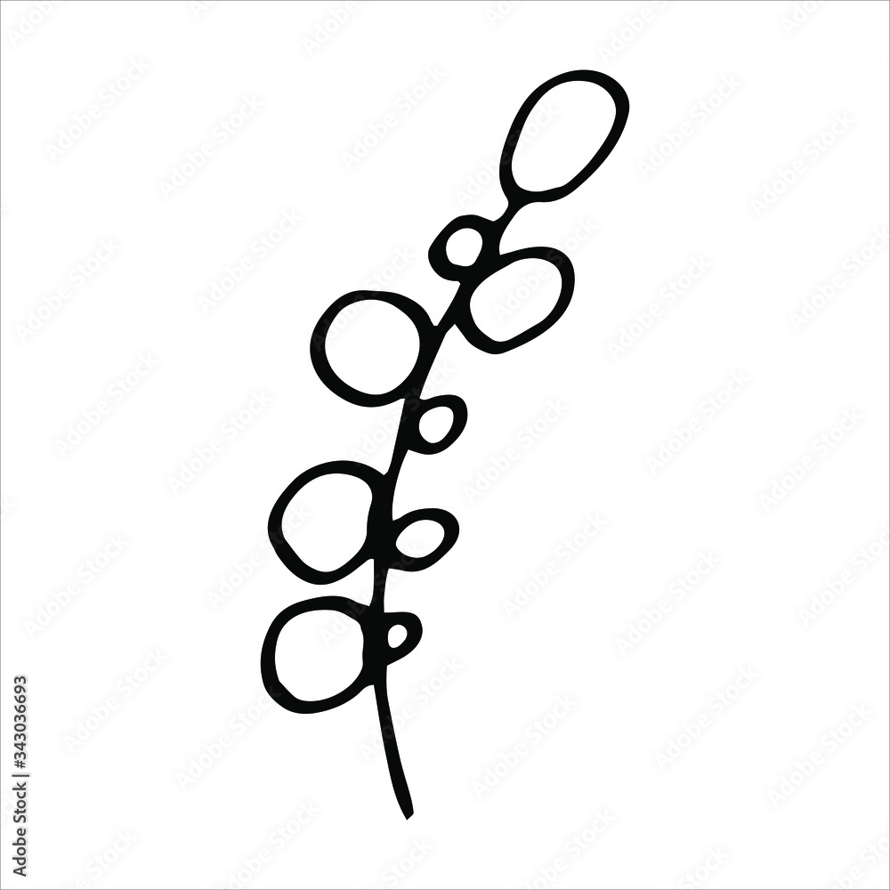 Floral silhouettes. Hand drawn tree branches with leaves. Black and white botanical illustration. Doodle vector illustration. Floral silhouettes. Hand drawn tree branches with leaves. Black and white botanical illustration. Doodle vector illustration.