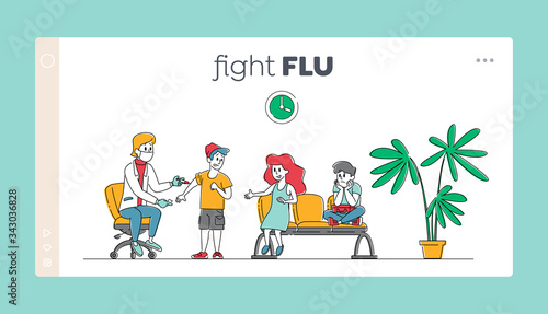 Ill Prevention People Checkup Vaccinate, Healthcare Landing Page Template. Doctor Character Put Vaccine Injection with Syringe to Kid. Children Get Vaccination from Disease. Linear Vector Illustration
