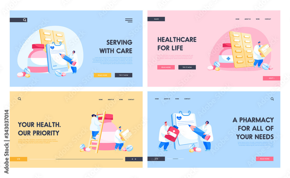 Pharmacy, Disease Treatment in Hospital, Healthcare Medicine Landing Page Template Set. Doctor Pharmacist Characters in Medical Robe with Pills Bottles, Medication Tablets. Cartoon Vector Illustration