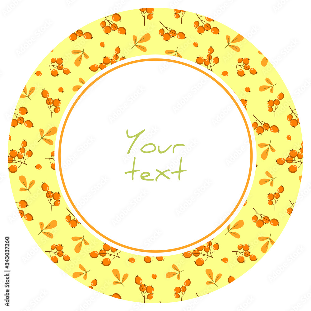 Round frame with orange berry twigs; berry frame for greeting cards, invitations, posters, banners, web design.