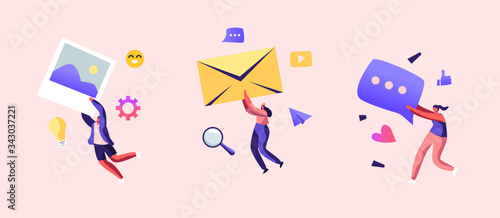 Marketing Team Work Set. Alert Advertising, Propaganda, Speech Bubbles and Social Media Icons. Public Relations and Affairs, Communication, Pr Agency Promotion. Cartoon People Vector Illustration