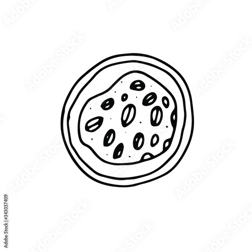 Plate with oatmeal porridge, top view. Vector illustration in Doodle style. Black outline, isolated image on a white background. For menu design, printed products.