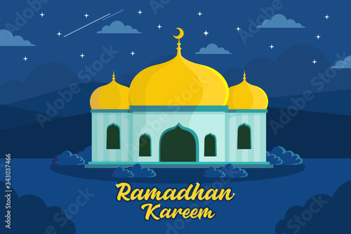 Ramadhan kareem, night Islamic background vector illustration with yellow mosque and nature landscape in flat cartoon style.