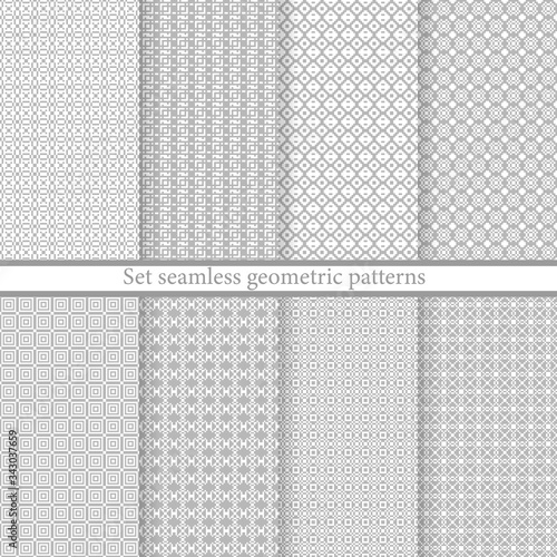 Set geometric seamless patterns. Abstract geometric backgrounds grey color. Vector illustration. Collection repeating textures. Elegant ornament. Modern design paper, wallpaper, textile, cover, print.