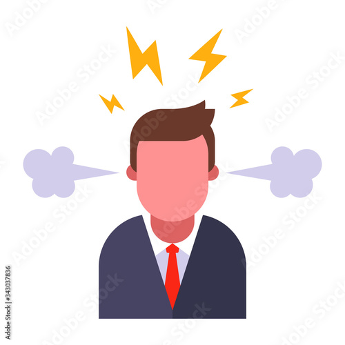 angry boss on a white background. steam from the ears and sparks from the head. flat vector illustration.
