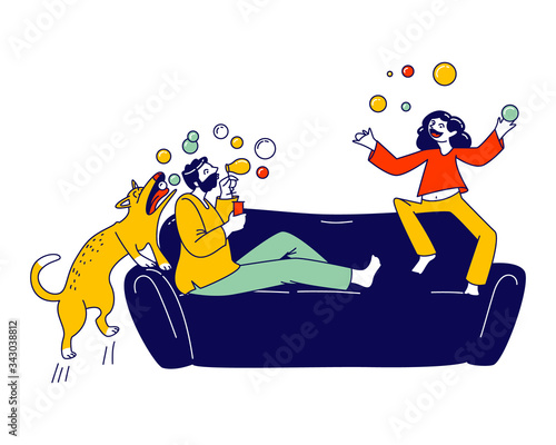 Happy Family Characters Father and Daughter Playing, Parent and Kid Blowing Soap Bubbles at Covid19 Quarantine Isolation. Kids Mess, Dad and Child Stay Home Concept. Linear People Vector Illustration