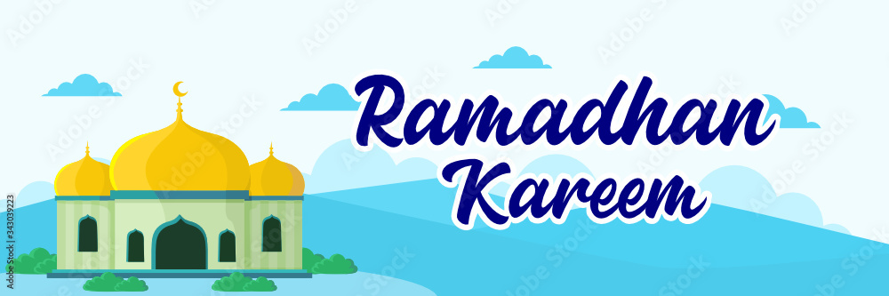 Ramadhan Kareem Islamic background vector illustration.  Beautiful mosque background with a yellow dome in sky blue