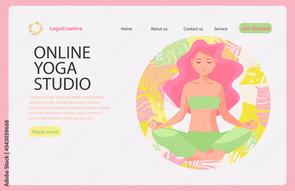Woman meditating in lotus pose on the tropical background. Yoga school, open yoga studio, online class learn more about practice concept. Website homepage landing web page template.