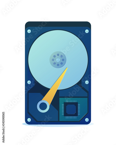 Hard disk icon isolated on white background. Internal hard drive mechanism in cartoon style. Computer electronics and hardware component vector illustration. Computer equipment element.