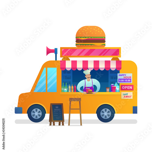 Food truck with chief. Street food retail with take away fast food menu. Store on wheels with hamburgers, barbecue and drinks menu vector illustration. Cozy food truck with merchant character