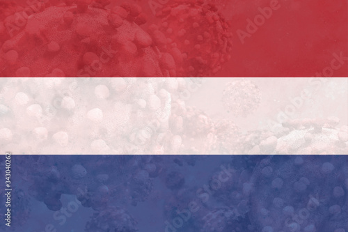 The Netherlands or Dutch flag with translucent abstract coronavirus or covid-19 background. 3D digital illustration. Video title screen, podcast or web background, information poster or infographic.