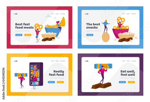 People Eating Snacks Fast Food Landing Page Template Set. Tiny Characters Enjoying Dry Appetizers Pop Corn, Pretzel Biscuits Chips Sweet Bars and Donuts in Vending Machine. Cartoon Vector Illustration