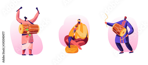 Festival in India Concept. People Celebrate Holiday. Characters Play Classical Traditional Music Instruments. Drummers Play on Mridangam. Snake Charmer Playing Pungi. Cartoon Vector Illustration
