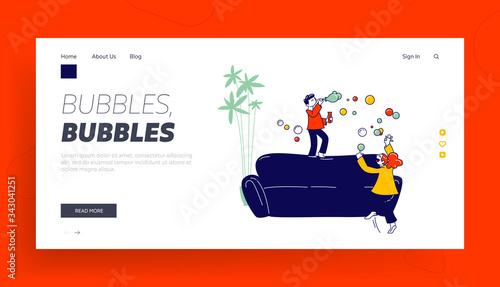 Little Girl and Boy Blow Soap Bubbles and Jumping on Sofa Making Mess in Room Landing Page Template. Naughty Hyperactive Children Characters Have Fun Playing at Home. Linear People Vector Illustration